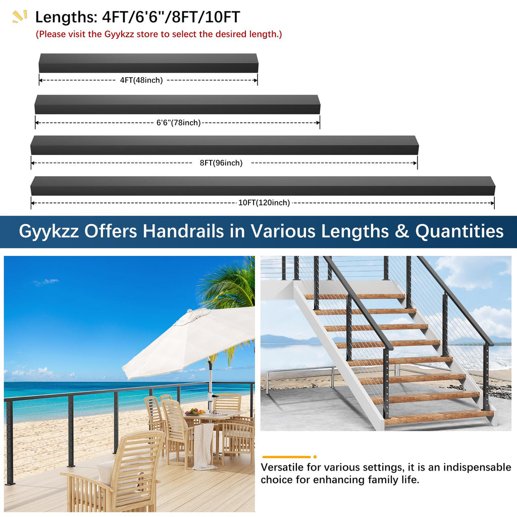 8FT Aluminum Black Handrail, Rectangular Flat Top Hand Rail Prefect for Coastal Projects, Deck Railing Top