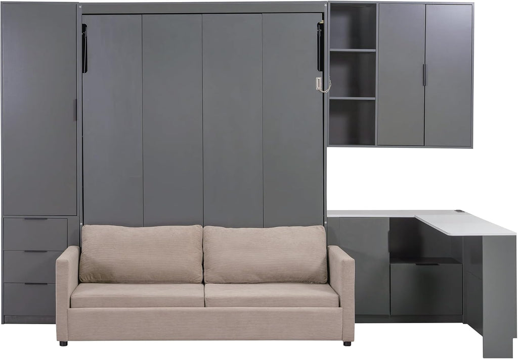 Queen Wall Murphy Bed with Upholstered Sofa & Desk, Solid Wood Foldable Platform Bed Frame with LED/USB Charging