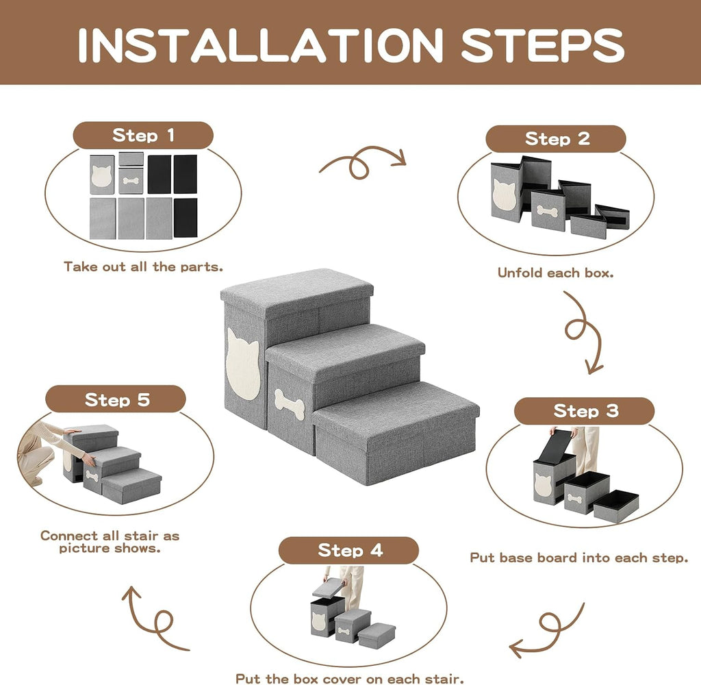 3-Step Dog Stairs for Small Dogs, Folding Dog Steps for Bed, Grey