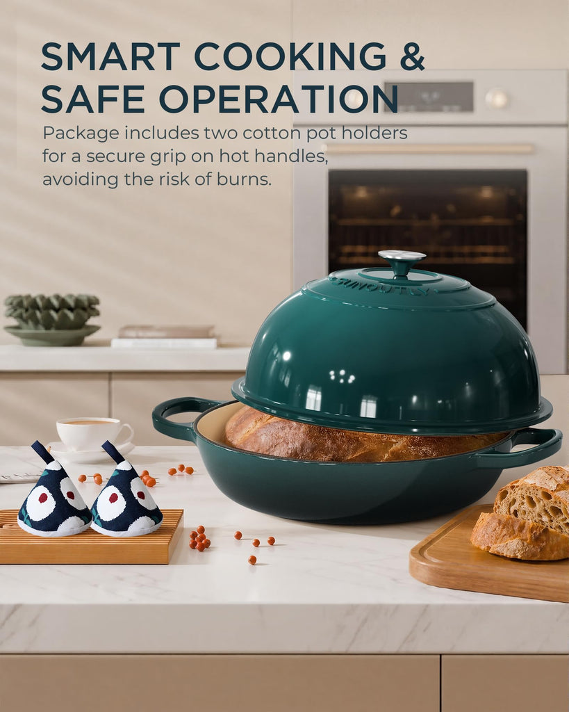 Enameled Cast Iron Dutch Oven for Bread Baking, 6QT Meatloaf Pan, Green