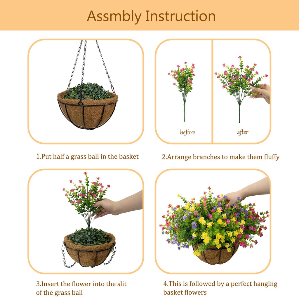 Artificial Hanging Flowers Basket for Outdoor, 16 Fake Flowers Look Real UV Resistant, Faux Hanging Plants for Porch
