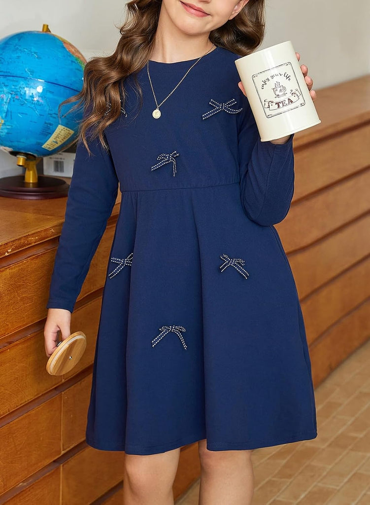 Girls Fall Dresses Long Sleeve Bow Dress with Pockets