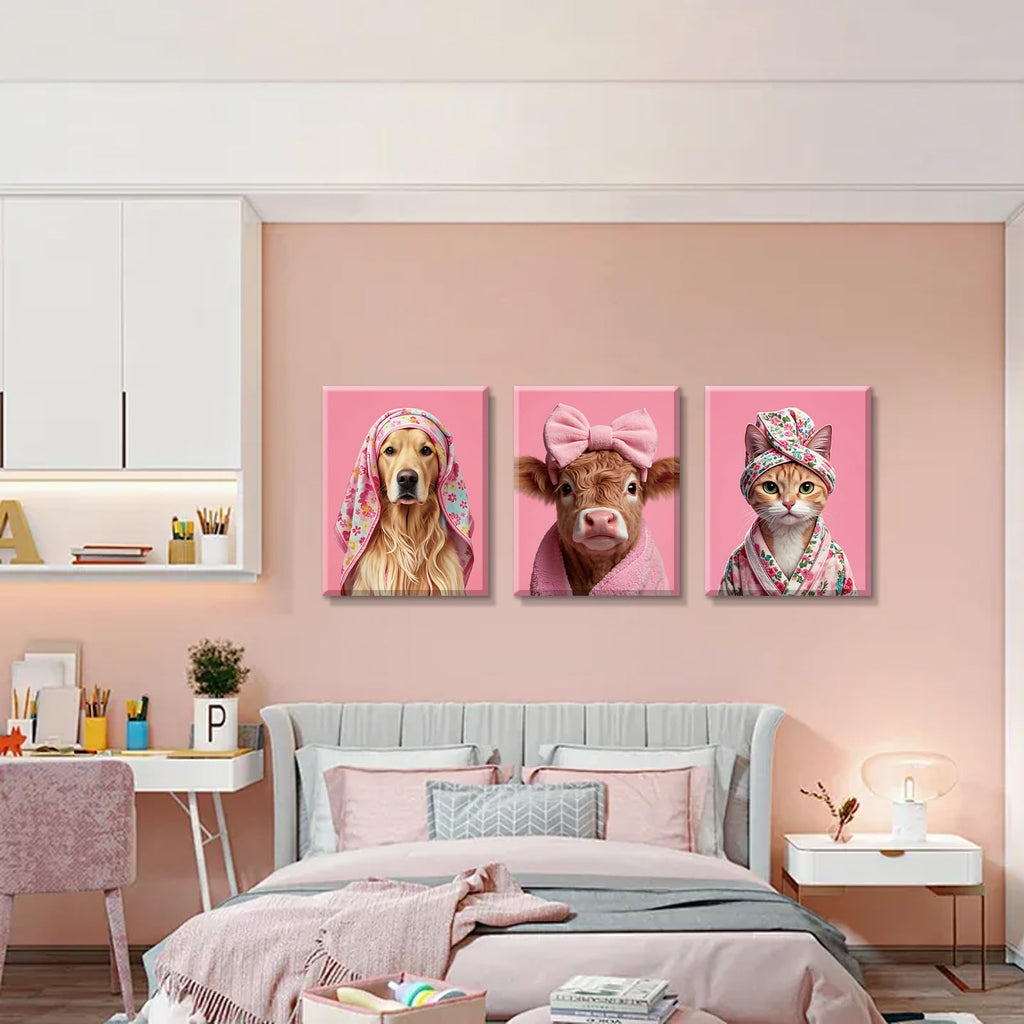 3 Piece Pink Bow Highland Cow Bathroom Wall Art, Cute Japan Cat Art Decor