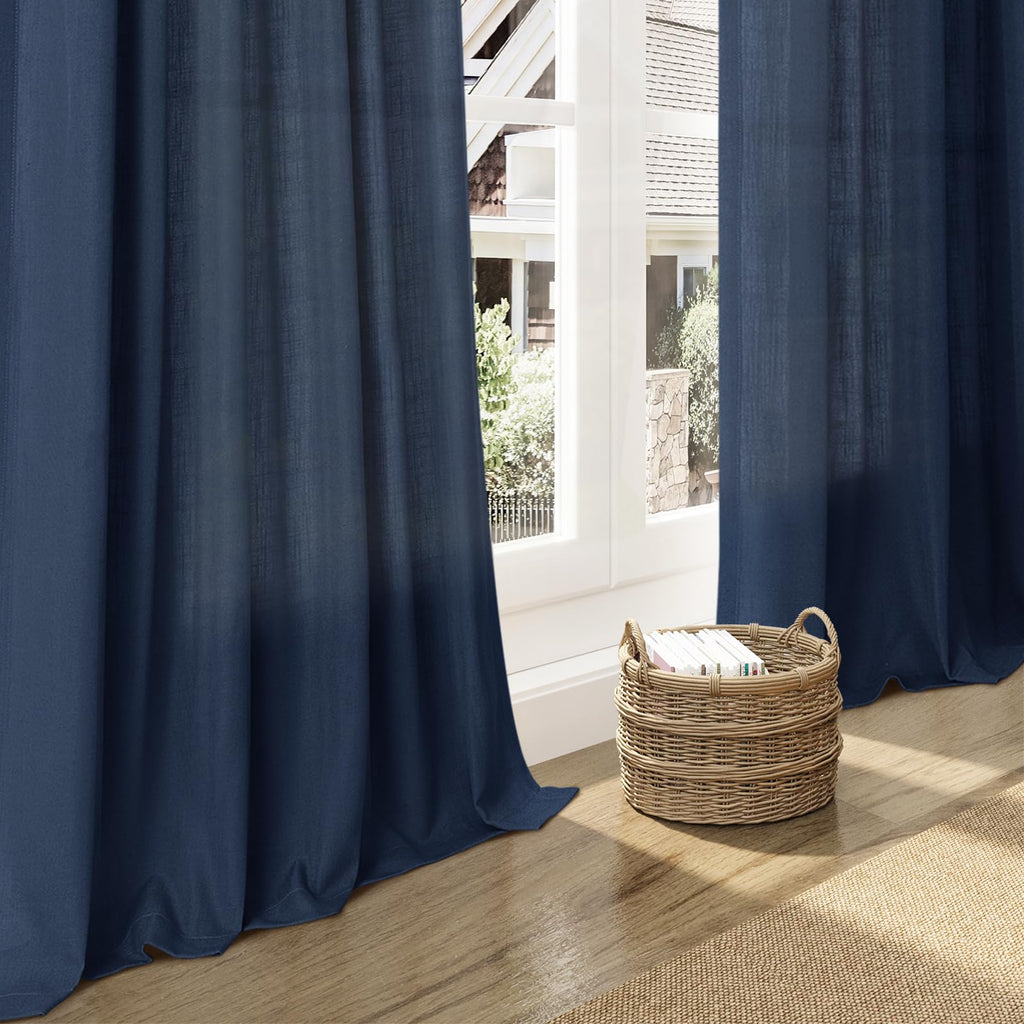 Denim Blue Linen Curtains 102 Inches Long Rod Pocket Back Tab Drapes 2 Panels Set Sheer Light Filtering Semi Sheer