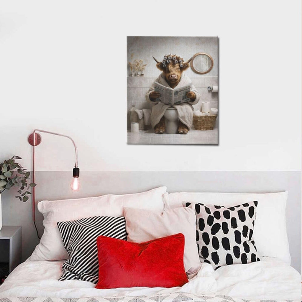 Funny Highland cow Bathroom Wall Art Cow Bathroom Pictures Wall Decor Cow Toilet Bathroom Canvas Painting Print