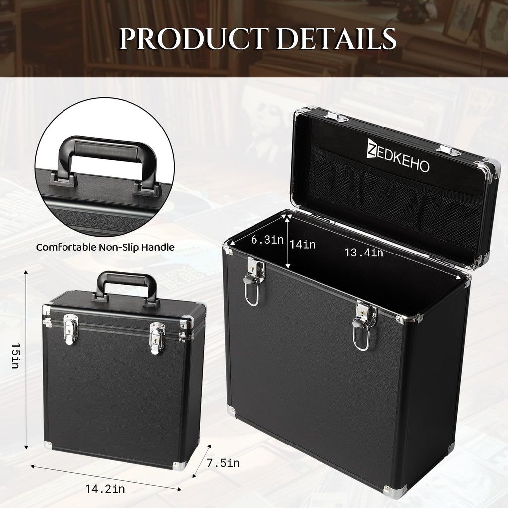 Vinyl Record Storage Box with Lock, Holds 35+ LP Albums