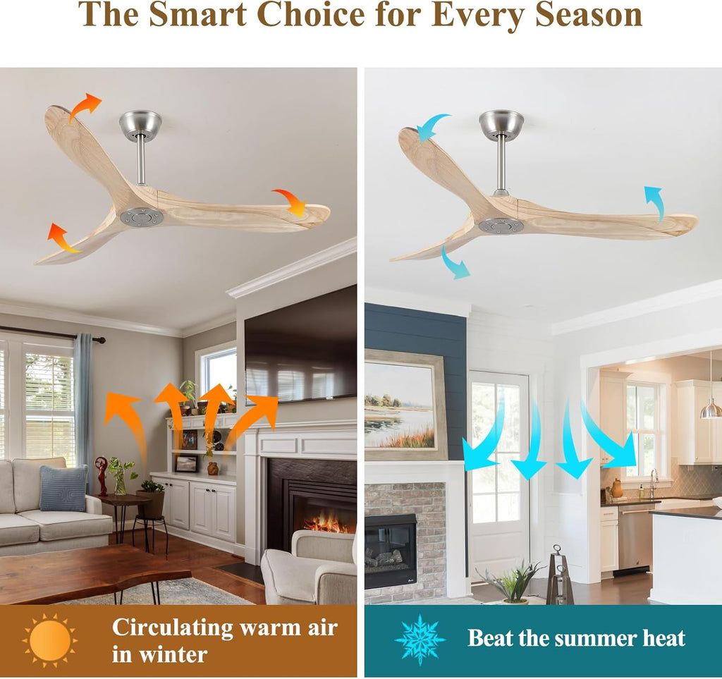 Inspired Maverick Style 52" Modern Ceiling Fan, No Light, 6-Speed, Reversible, Timed Shutdown, DC Motor, Natural Wood 3 Blade, Porch, Bedroom, Living Room A101-B0C7L4CS79