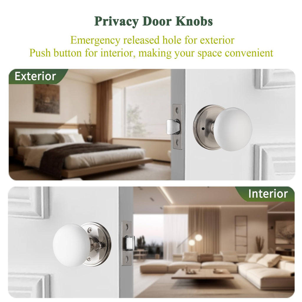 White Door Knob, Nickel Porcelain Door Handle with Push Lock for Bath
