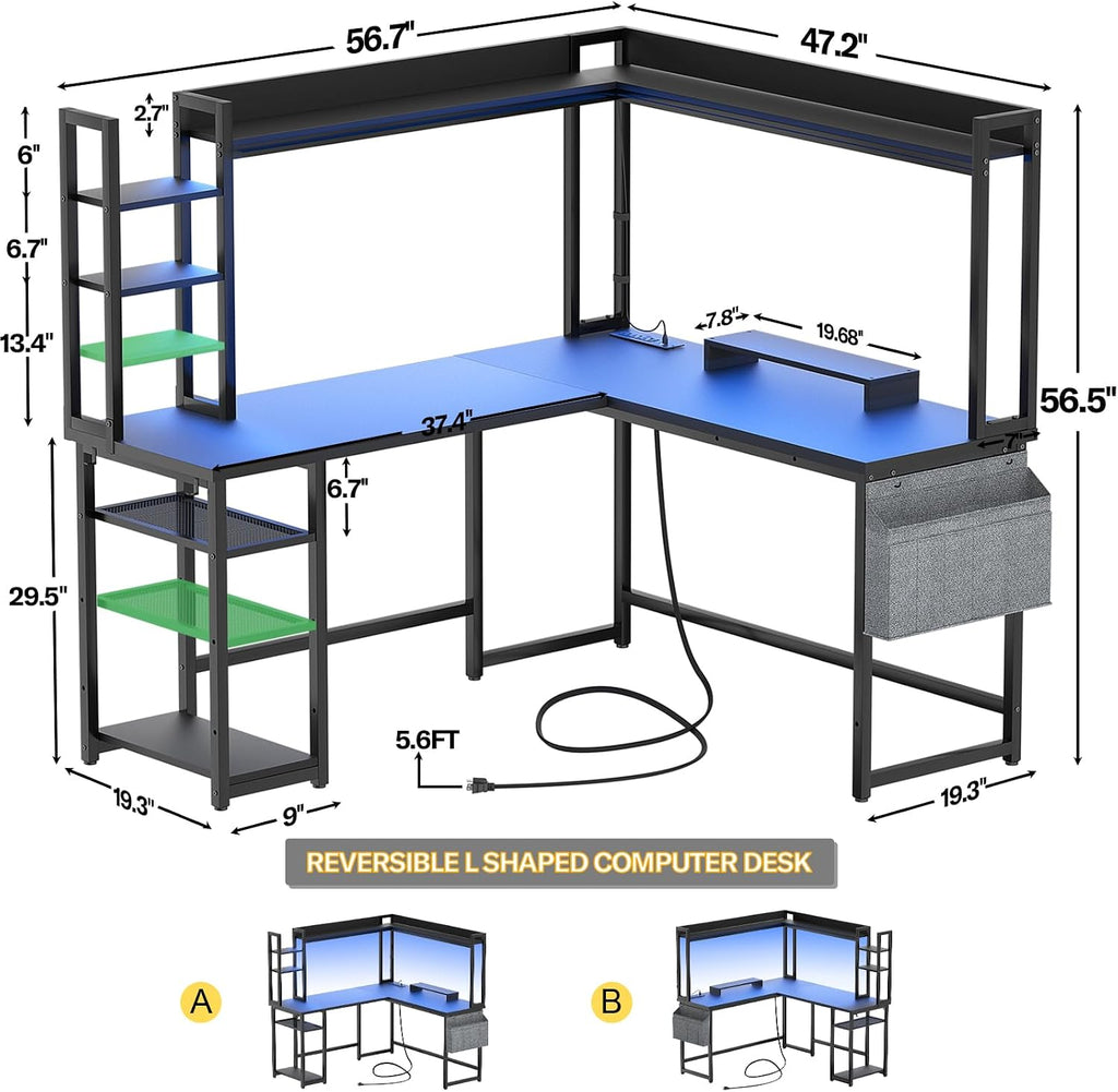 L Shaped Desk Gaming Desk with Power Outlet & LED Light & Monitor | Black 57" Reversible Home Office Desk, Corner