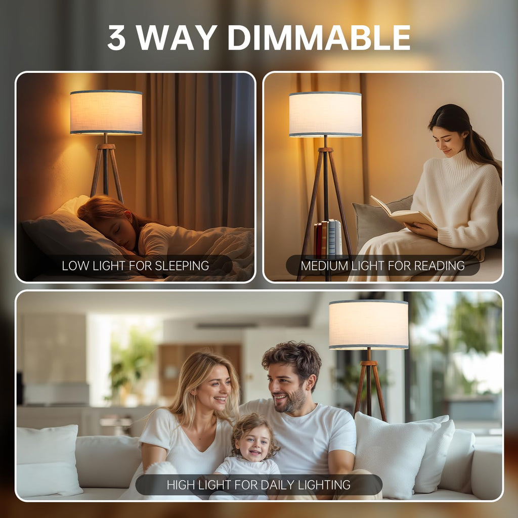 Floor Lamp with 3 Light Modes Adjustable- Wood Tripod Floor Lamp Modern LED Standing Lamps with Dimmable Brightness