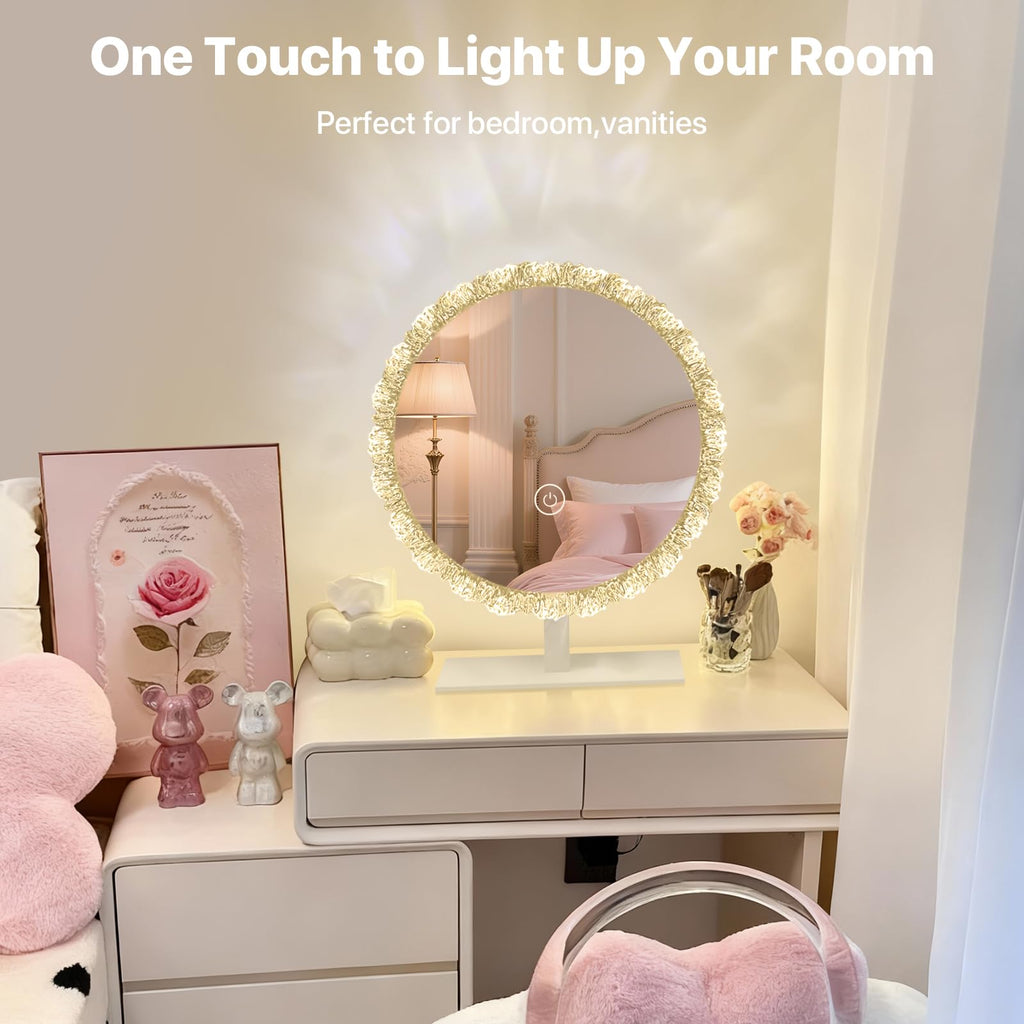 Round Vanity Mirror with Lights, 16" Crystal Frame, Touch Control