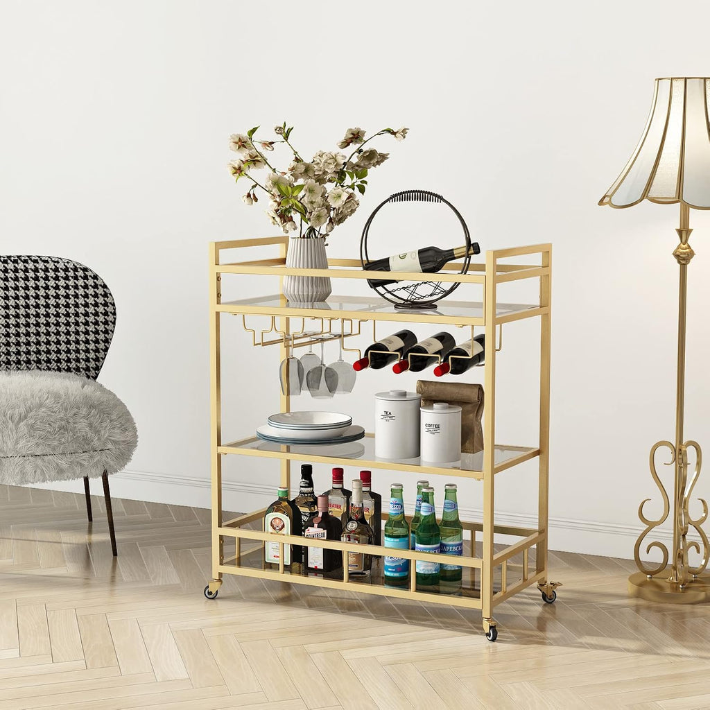 Bar Cart Gold with Bottle Storage and Wine Glass, Rolling Serving Bar Cart on Wheels Indoor & Outdoor, Patio, Gold