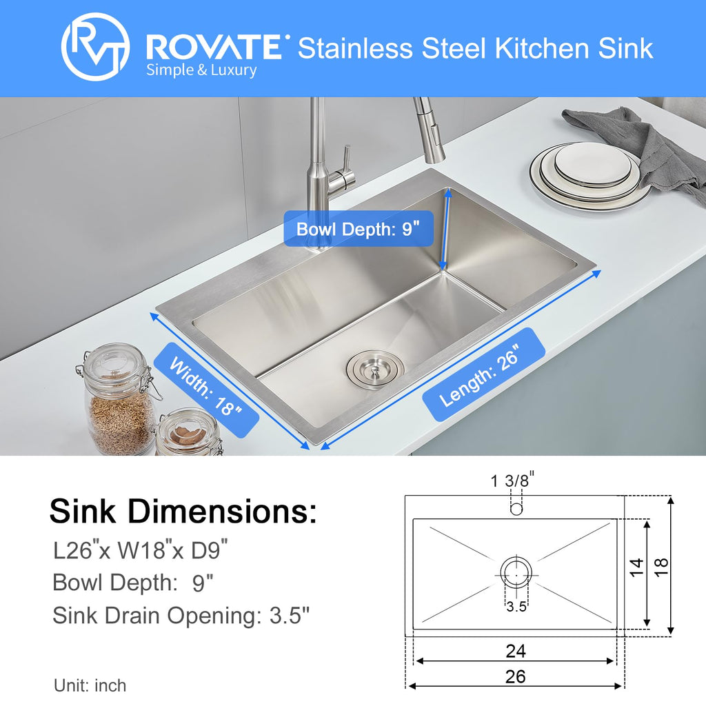 26 ×18 inches Drop-in Single Bowl 304 Stainless Steel