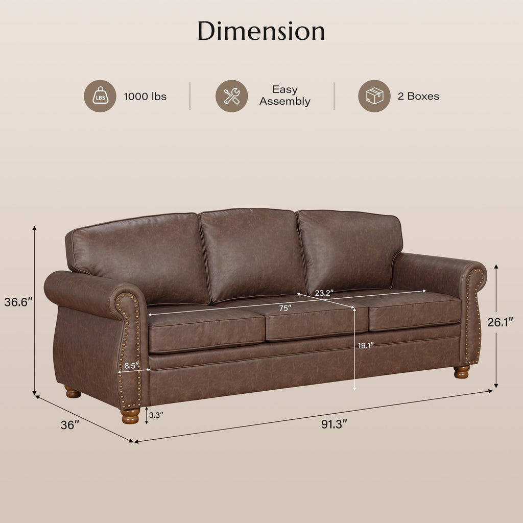 Traditional Faux Leather Couch Sofas, 91.3", Dark Brown