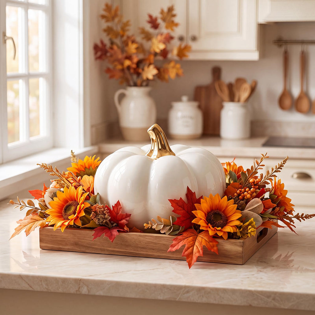 7" Artificial White Pumpkin Ceramic Decor Lifelike Faux Vegetables