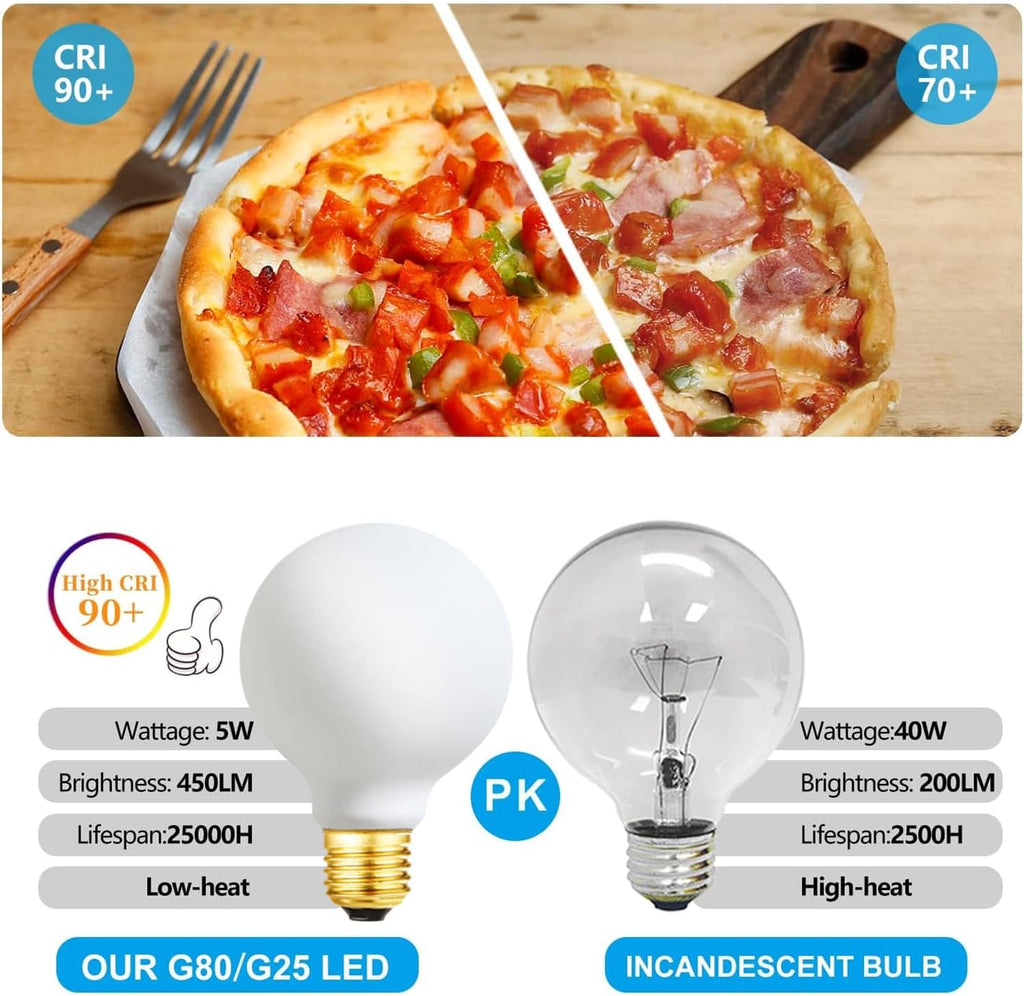 LED Light Bulb G25/G80 Dimmable Flick-Free Matt White 6W Soft White 3000k CRI95 600LM, 60W Equivalent Vintage LED