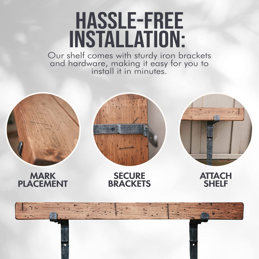 Wooden Rustic Farmhouse Iron Bracket Shelf, 4-ft