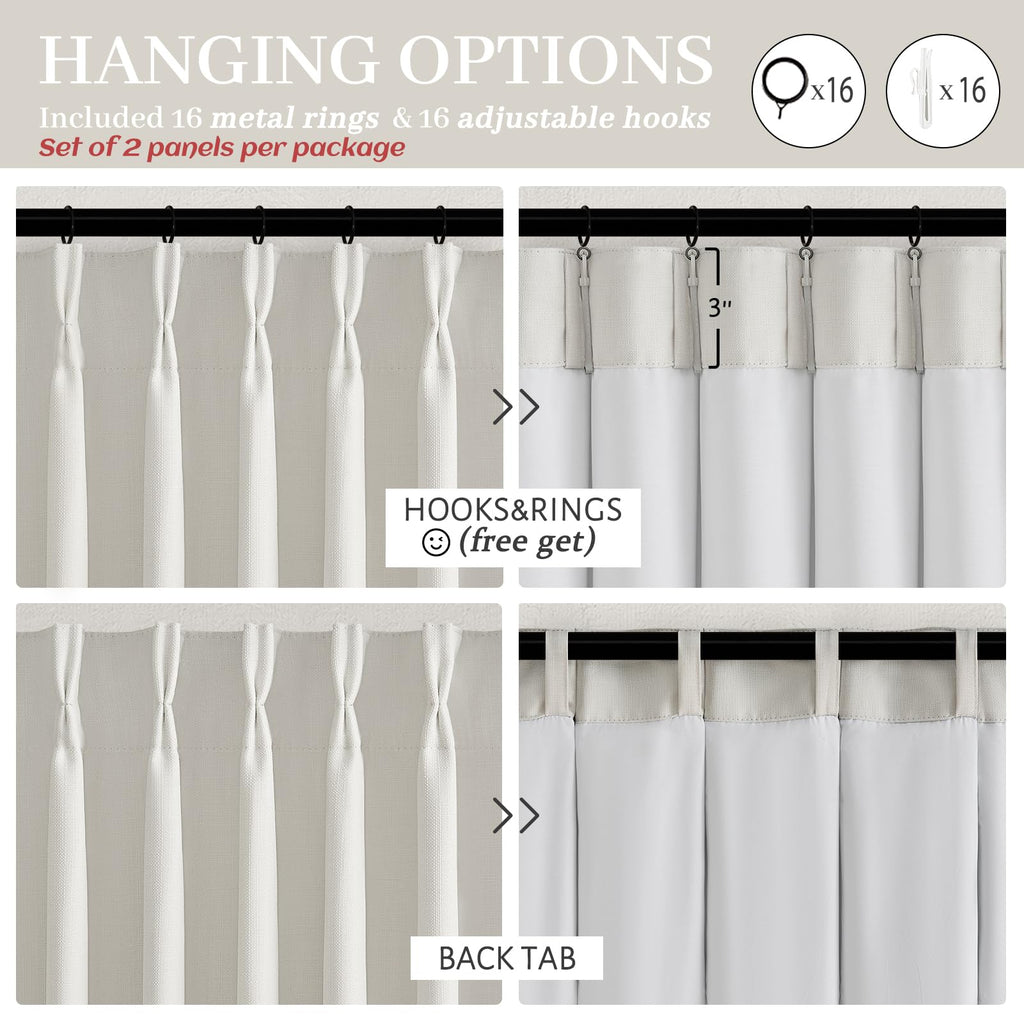 Natural Linen Blackout 104 Inch Extra Long Curtains for Laundry Room, Beige White Memory Shape Pinch Pleat Rustic
