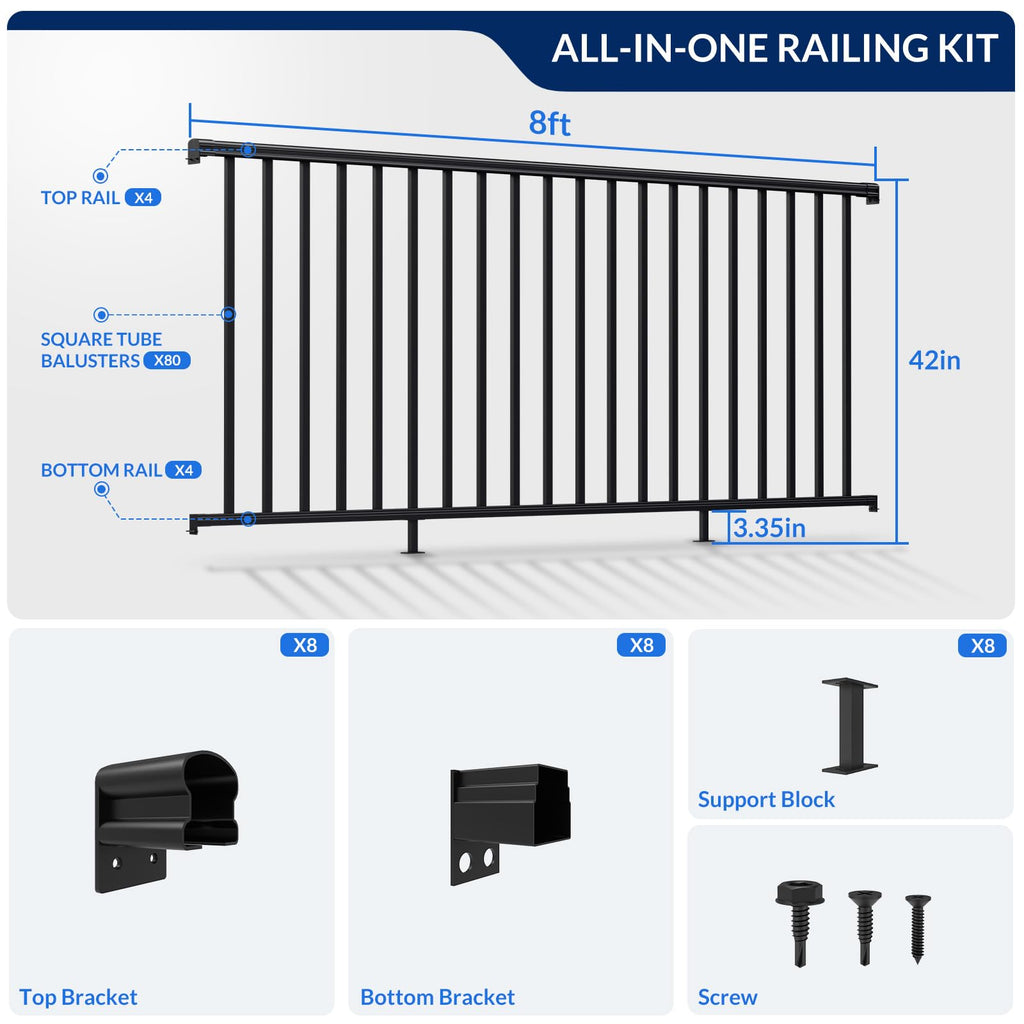 4 Pack 42 in x 8 ft Aluminum Porch and Deck Railing Kit Without Post