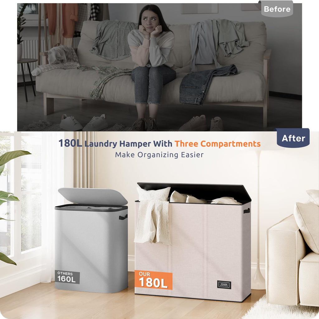 Large Laundry hamper 3 Section with Lid, 180L Laundry Basket