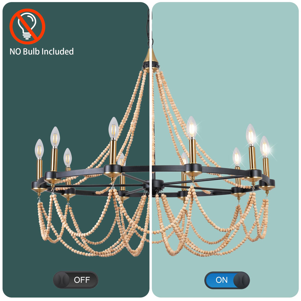 10-Lights Wood Bead Chandelier:Farmhouse Boho Pendant Light Fixture Black