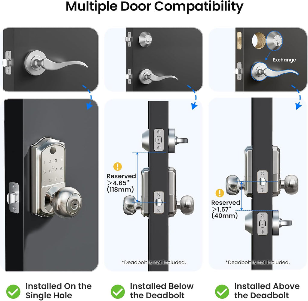 Fingerprint Keypad Smart Door Knob Handle Lock, Satin Nickel