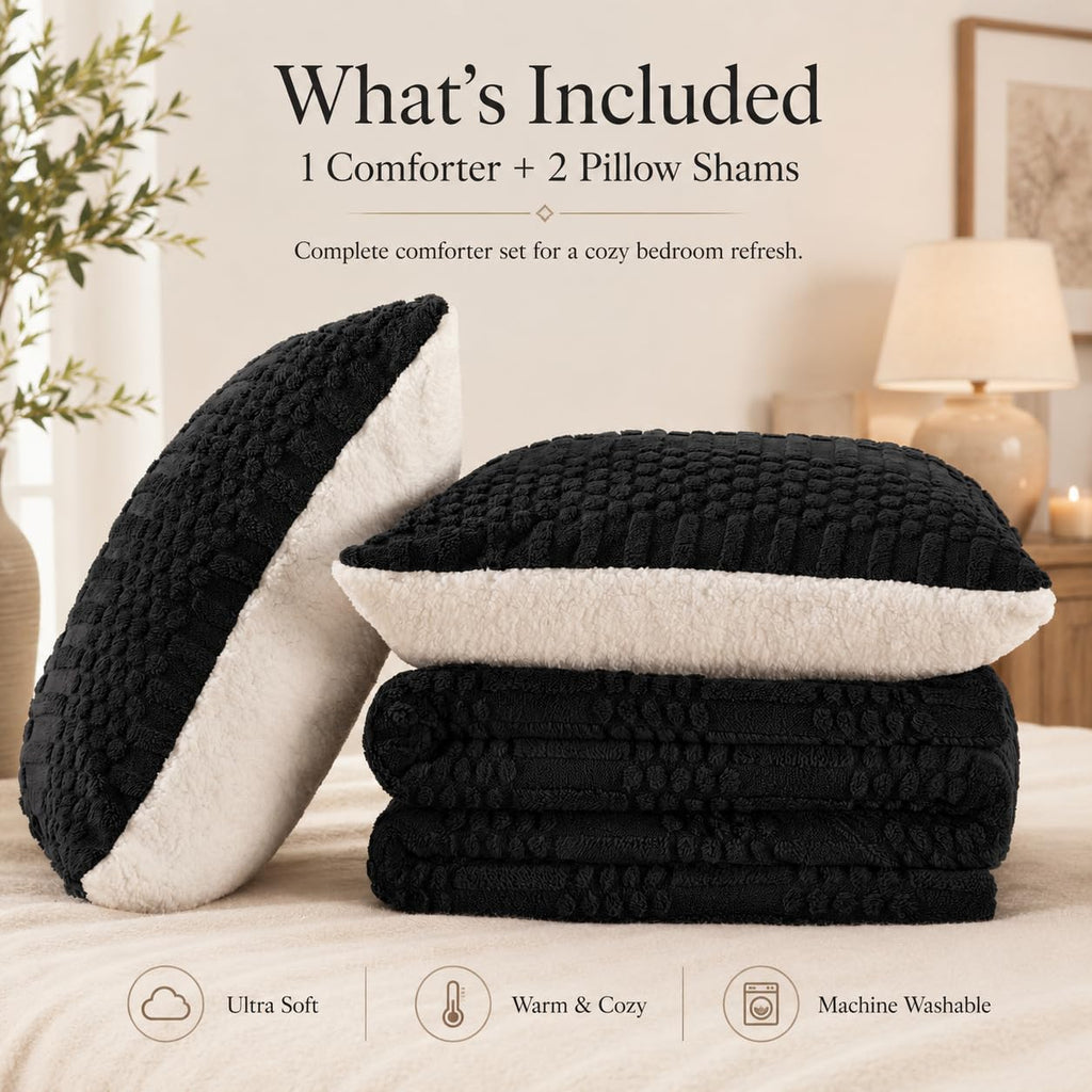 Black Queen Comforter Set, Soft Fleece Plush Bedding Set with 2 Pillow Shams, Cozy Warm Fluffy Bed Set for Winter