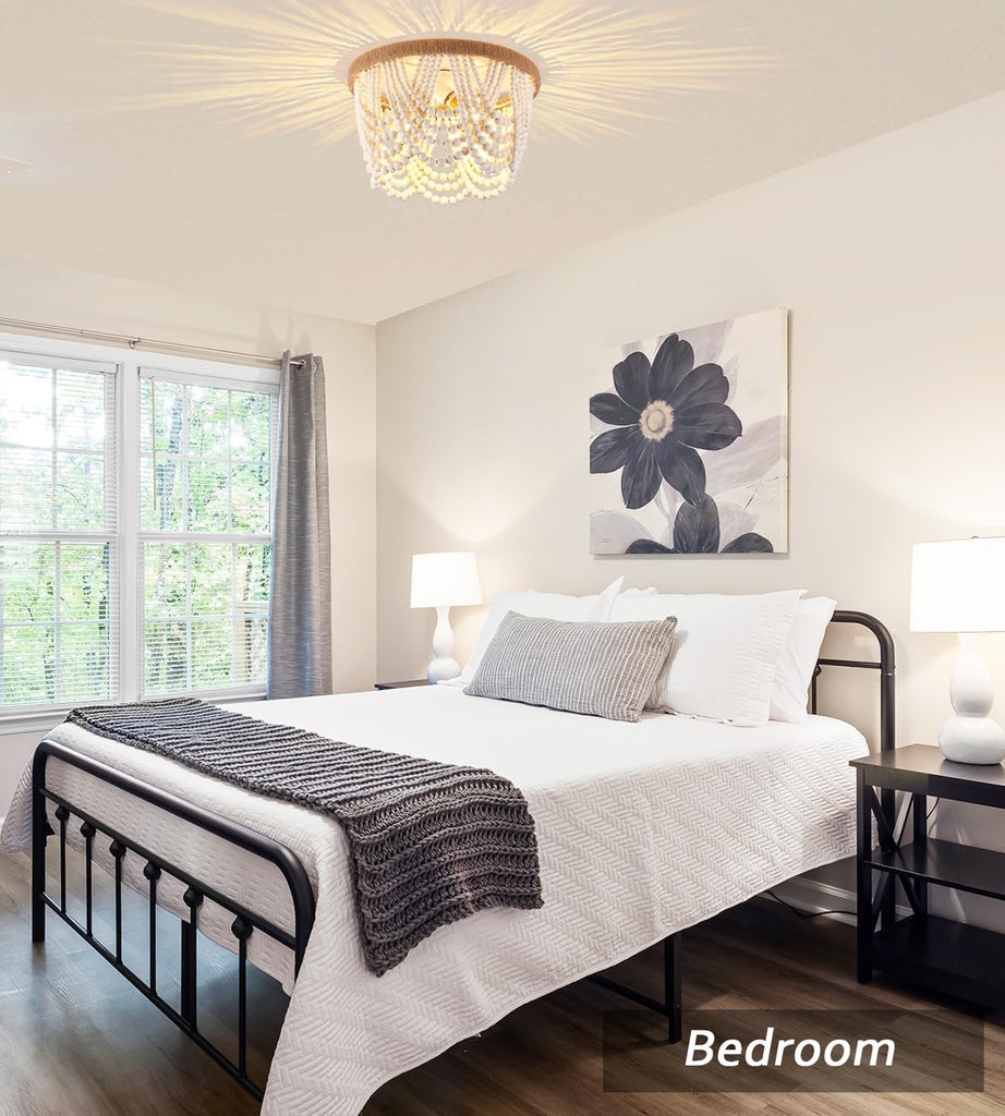 Wood Beaded Flush Mount Ceiling Light Antique Rustic Mini Chandelier Light White Boho Light Fixture