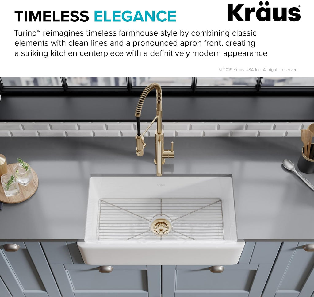 KFR1-33GWH Turino Reversible 33-inch Fireclay Farmhouse Flat Apron Front Single Bowl Kitchen Sink with Bottom Grid in