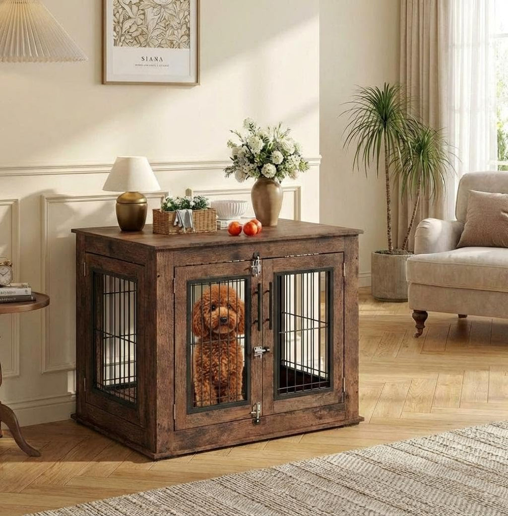 Medium Dog Crate Furniture Dual-Door, Wooden Dog Cage for Indoor Use, Dog Kennel for Small Medium Dogs