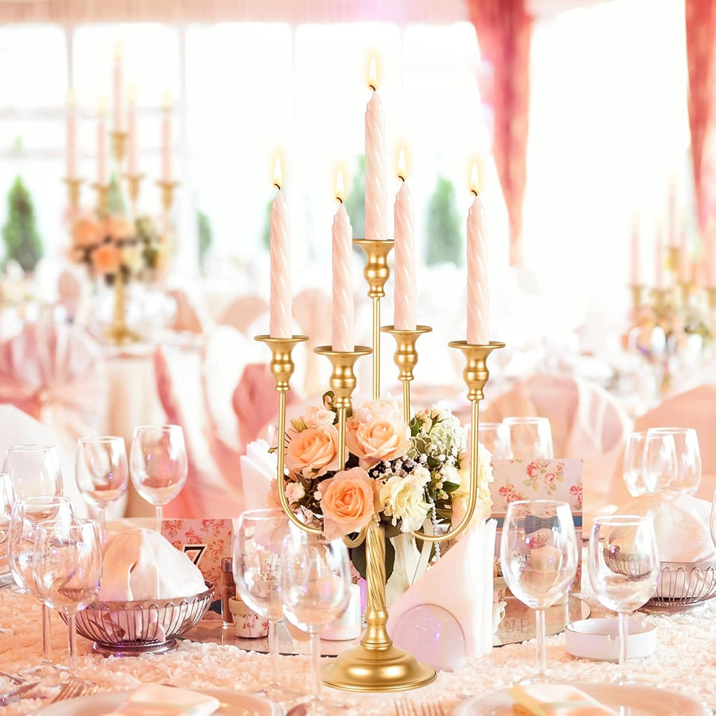 19.7in Gold Candelabra Centerpieces for Tables, 2Pcs Metal Tall Candle Holder for Taper Candles, 5 Arm Candlestick