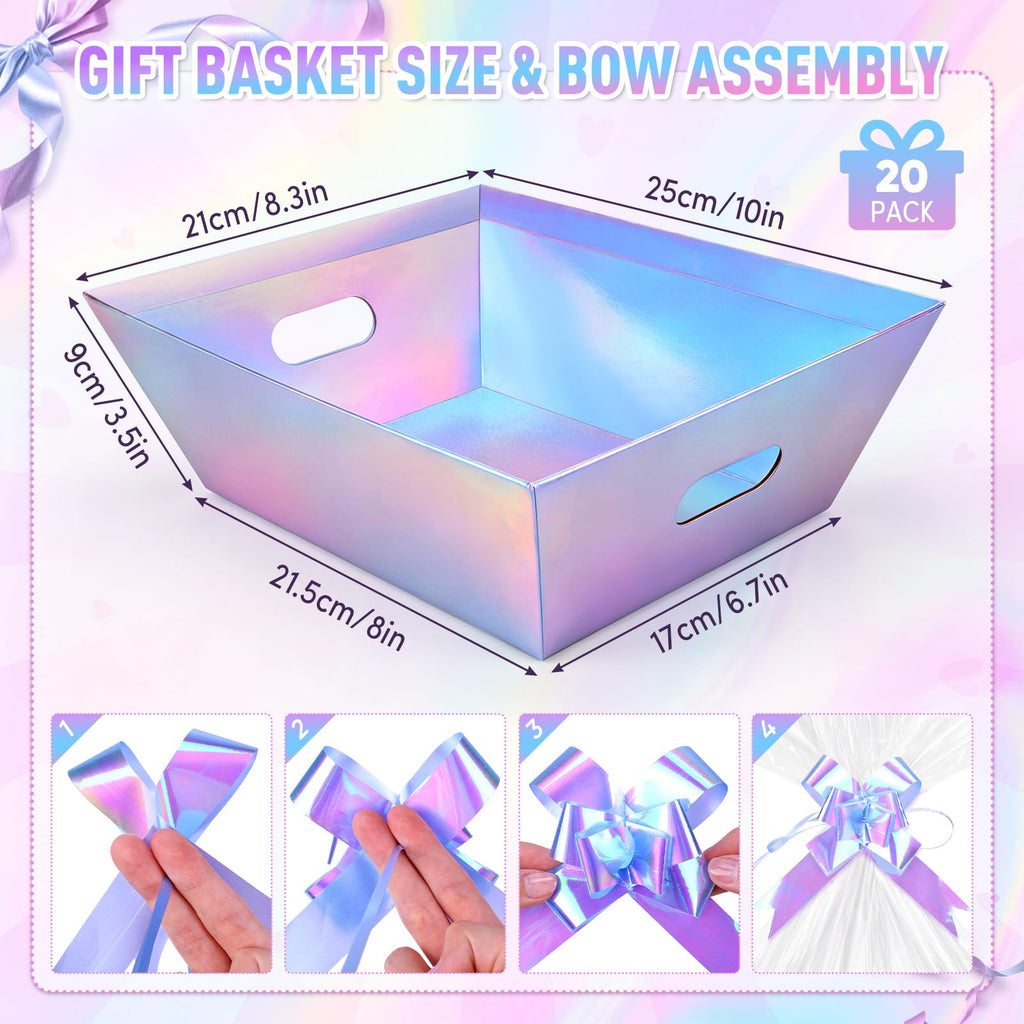 20 Pack Iridescent Gift Baskets Empty, 10x8 Thick Paper Basket with 20 Clear Bags and 20 Pull Bows, Holographic Gift