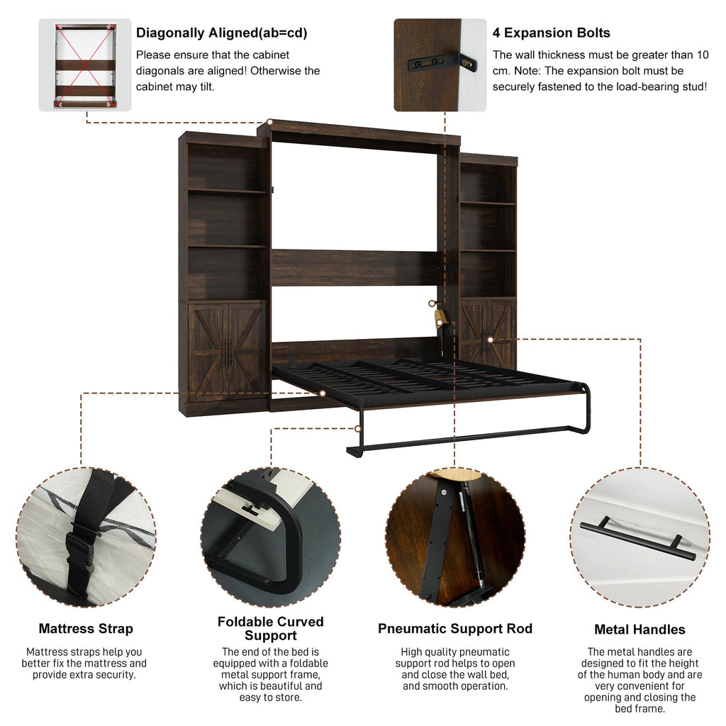 Queen Size Murphy Bed w/2 Storage Cabinet&2 LED Light, Farmhouse Wood Hidden Foldable Wall Bed Frame, Storage Bed
