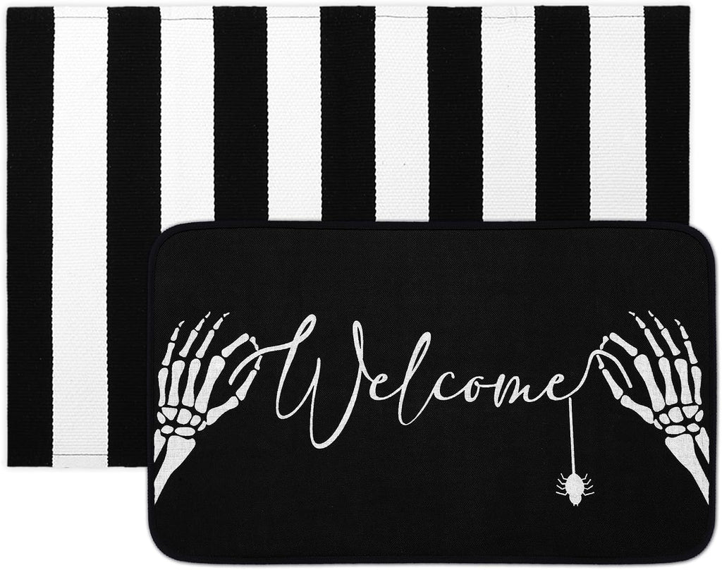 2 Pcs Summer Halloween Door Mats Outdoor Gothic Skull Welcome Front Doormat Linen Rubber Layered Black White Striped