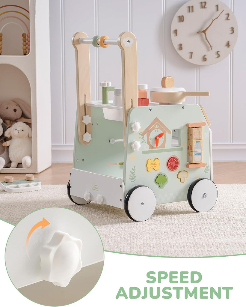 Wooden Baby Push Walker, Learning Walking Toys, Adjustable Height Baby Walker with Decelerator, Montessori Toys