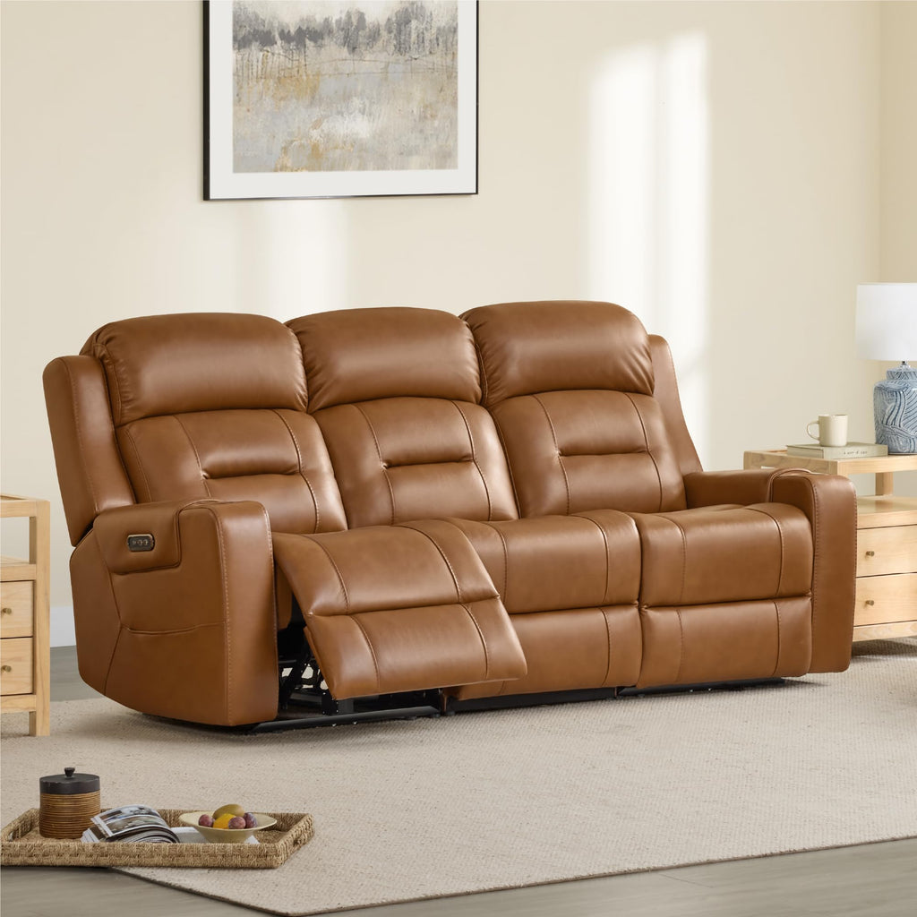 Genuine Leather Power Reclining Sofa & Loveseat Set, Saddle