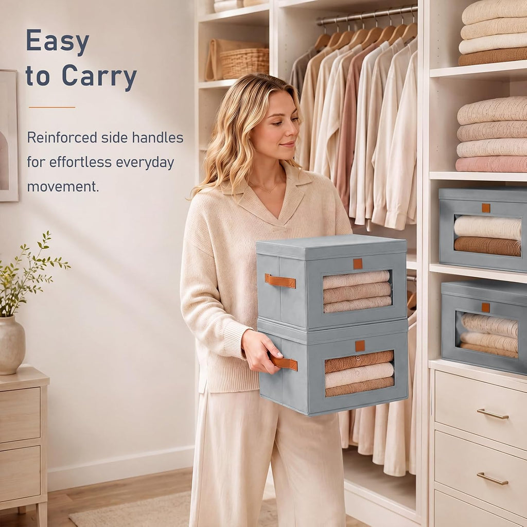 Storage Bins with Lids - 6 Pack Front Opening Stackable Fabric Storage Boxes with Clear Window & Handles, Collapsible