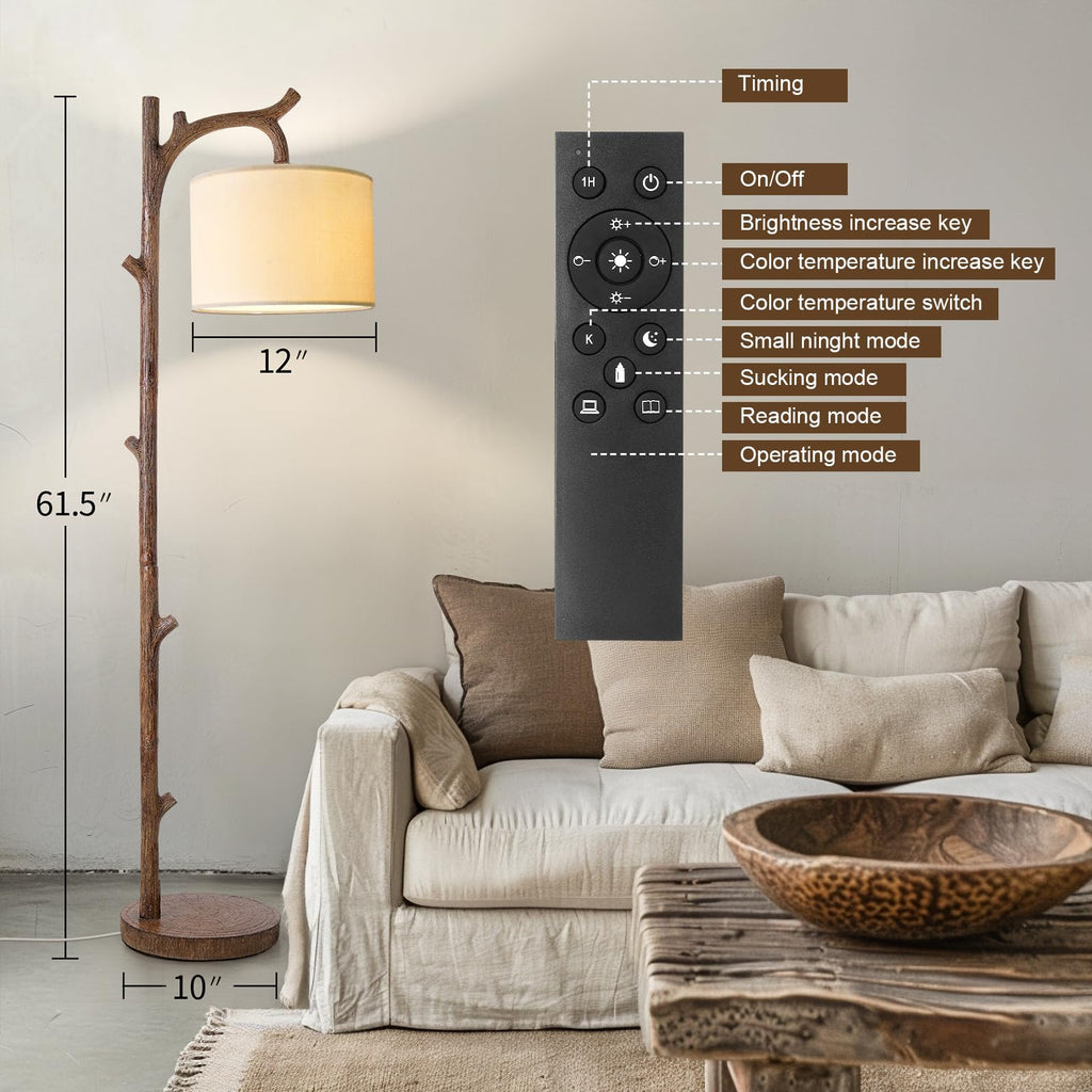 Retro Farmhouse Floor Lamp with Remote Rustic Standing Lamps Tree Trunk Deco Modern Country Vintage Wood Floor