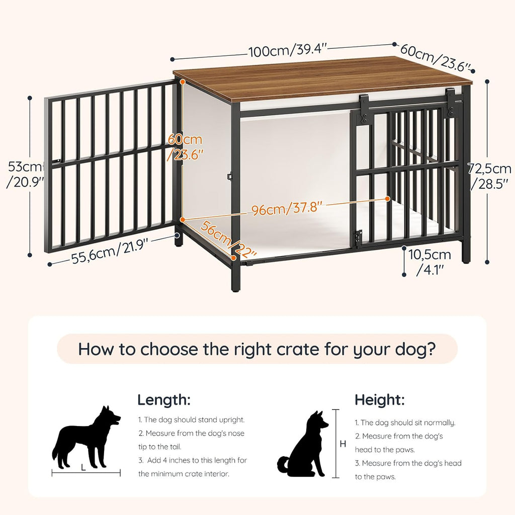 Dog Crate Furniture with Sliding Barn Door, Dog Kennel Indoor for Medium/Large Dogs, Heavy Duty Dog Cage with 2