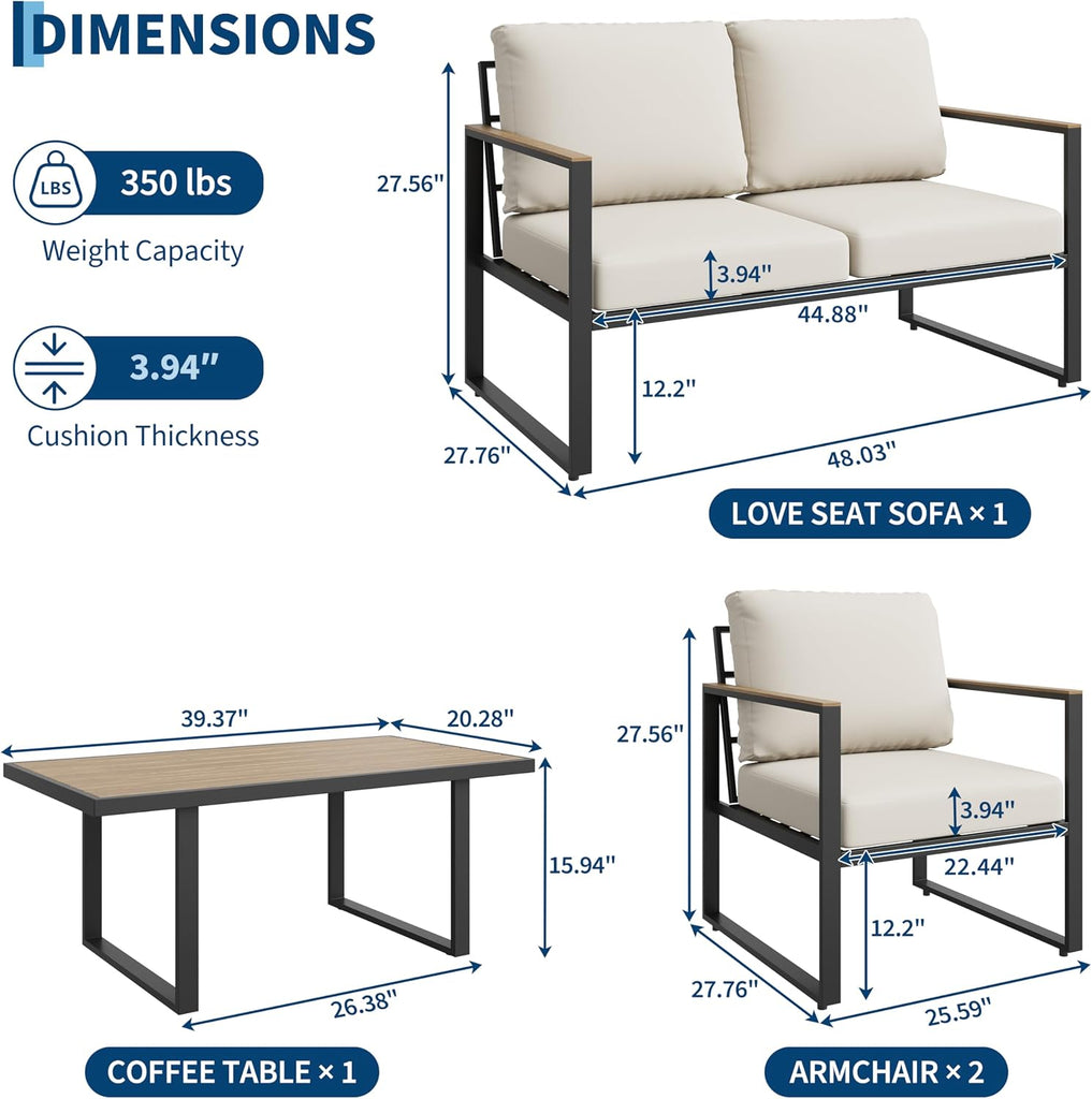 4-Piece Aluminum Patio Furniture Set with Coffee Table, Outdoor Sectional Conversation Set with Washable