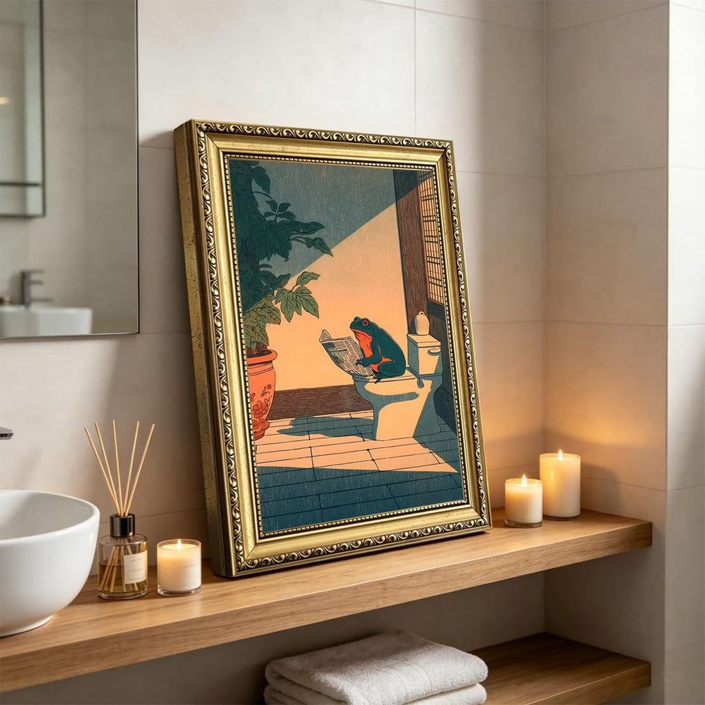 Funny Frog Bathroom Wall Art, Cute Japanese Frog in Toilet Wall Decor, Whimsical Green Animal Restroom Poster Canvas