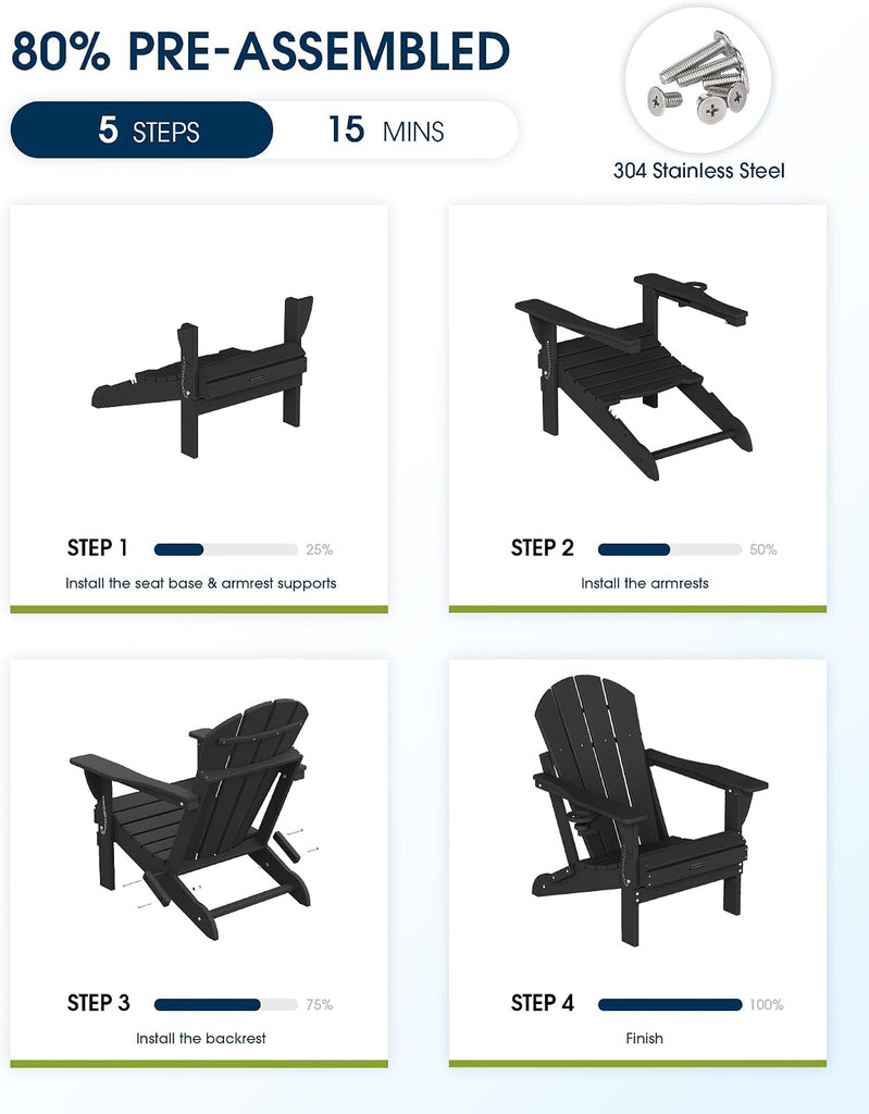 Folding Adirondack Chairs 2 Pack, Patio & Outdoor Chairs, Plastic Weather Resistant with Cup Holder for Deck