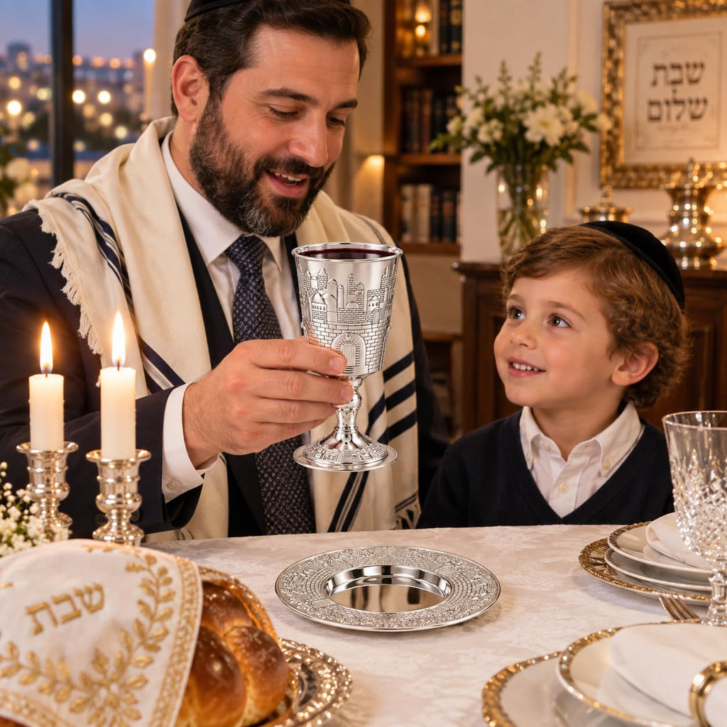 Tall Kiddush Cup with Leg Jerusalem Design, Premium Quality Silver Plated Goblet, Shabbat and Havdalah Goblet