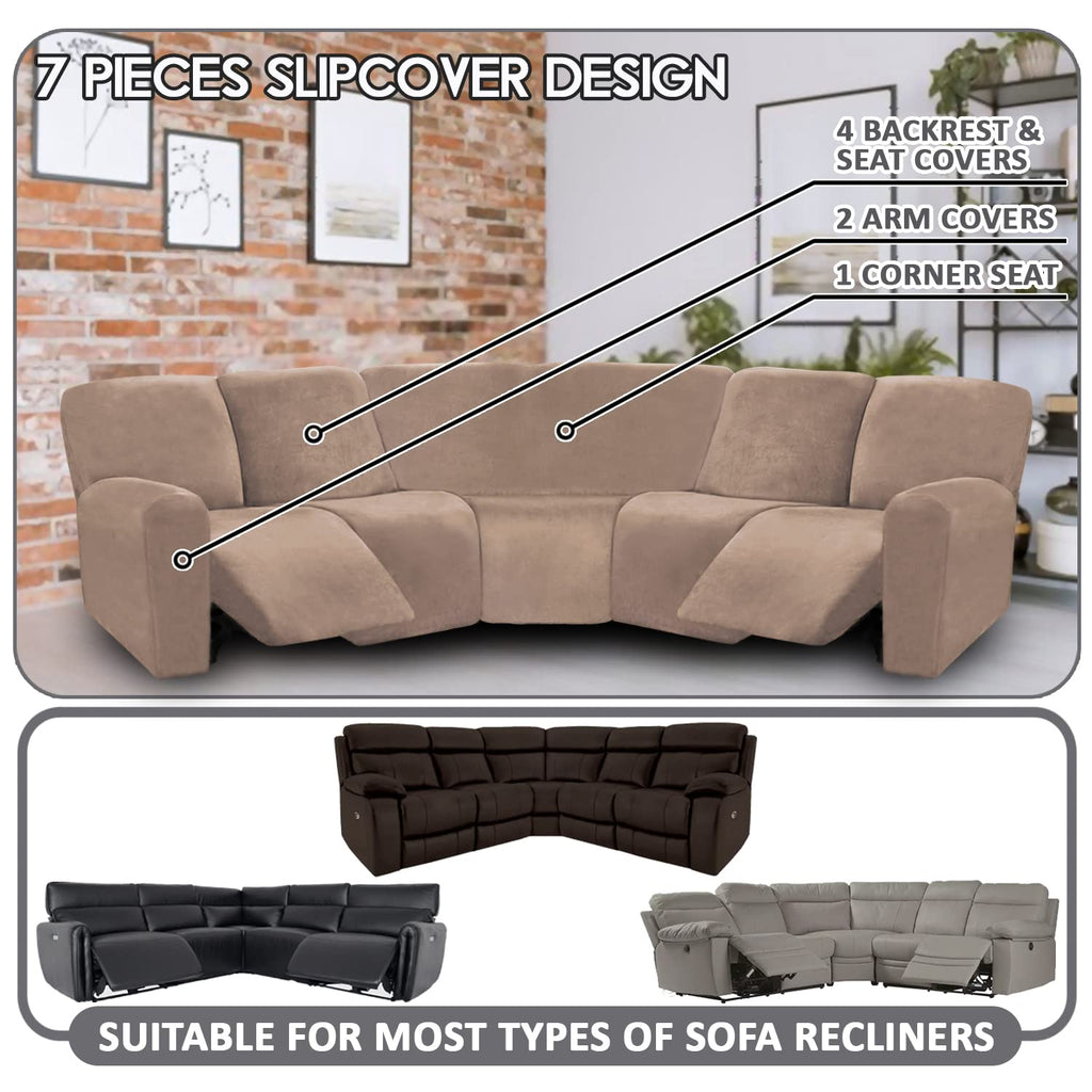 7-Piece L Shape Sectional Recliner Sofa Covers, Velvet Stretch Reclining Couch Covers for Reclining L Shape Sofa