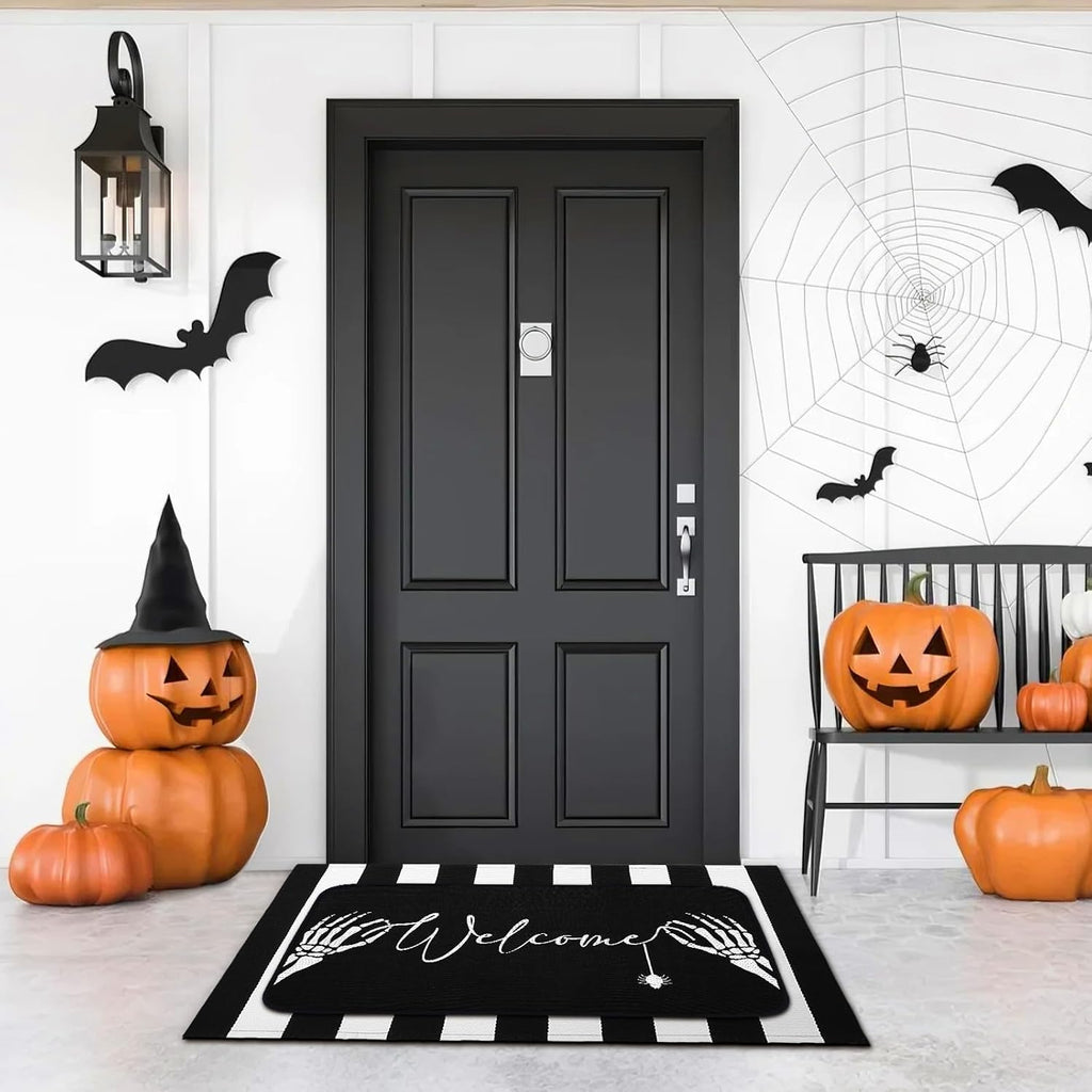 2 Pcs Summer Halloween Door Mats Outdoor Gothic Skull Welcome Front Doormat Linen Rubber Layered Black White Striped