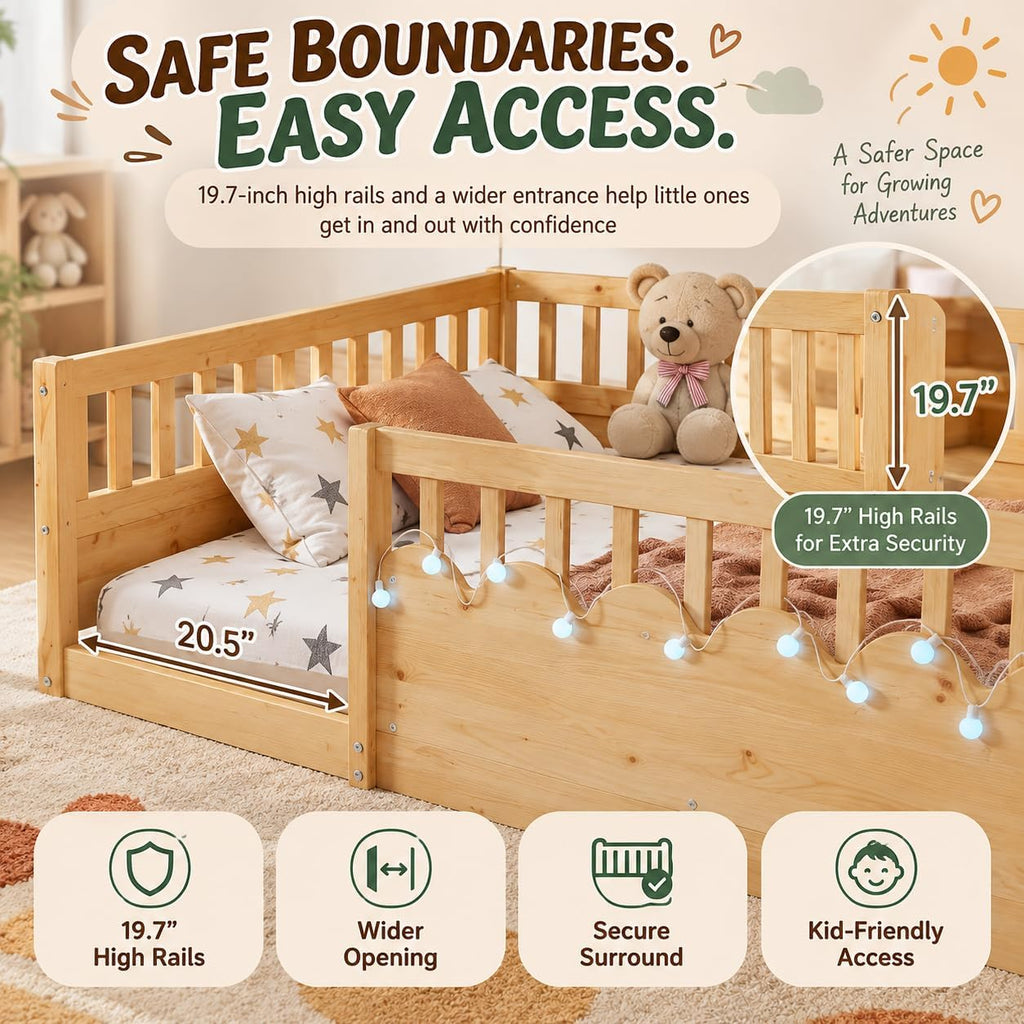 Montessori Floor Bed with High Rails, Floor Bed Frame for Kids, LED Lights & Storage Shelf, Safe & Wider