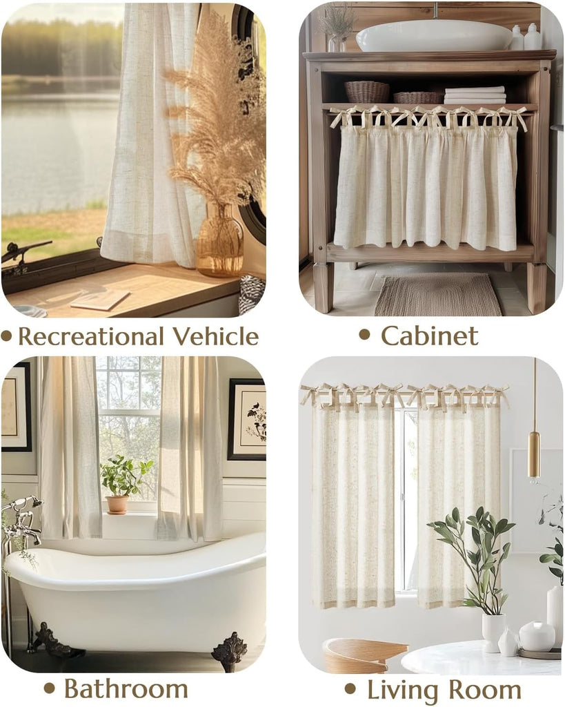 Tie Top Linen Kitchen Curtains Over Sink 24 Inch Length Tier Curtains Farmhouse Rustic Small Cafe Curtain for Bedroom