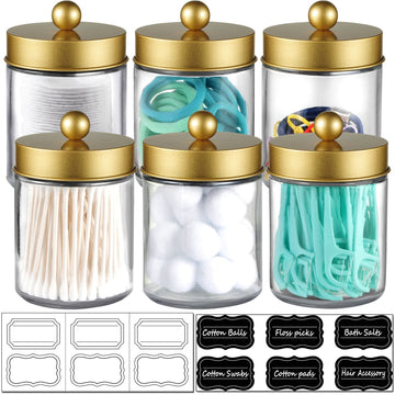 6Pc Apothecary Jars Bathroom Vanity Organizer- Rustic Farmhouse Decor Storage Canister with Stainless Steel Lids