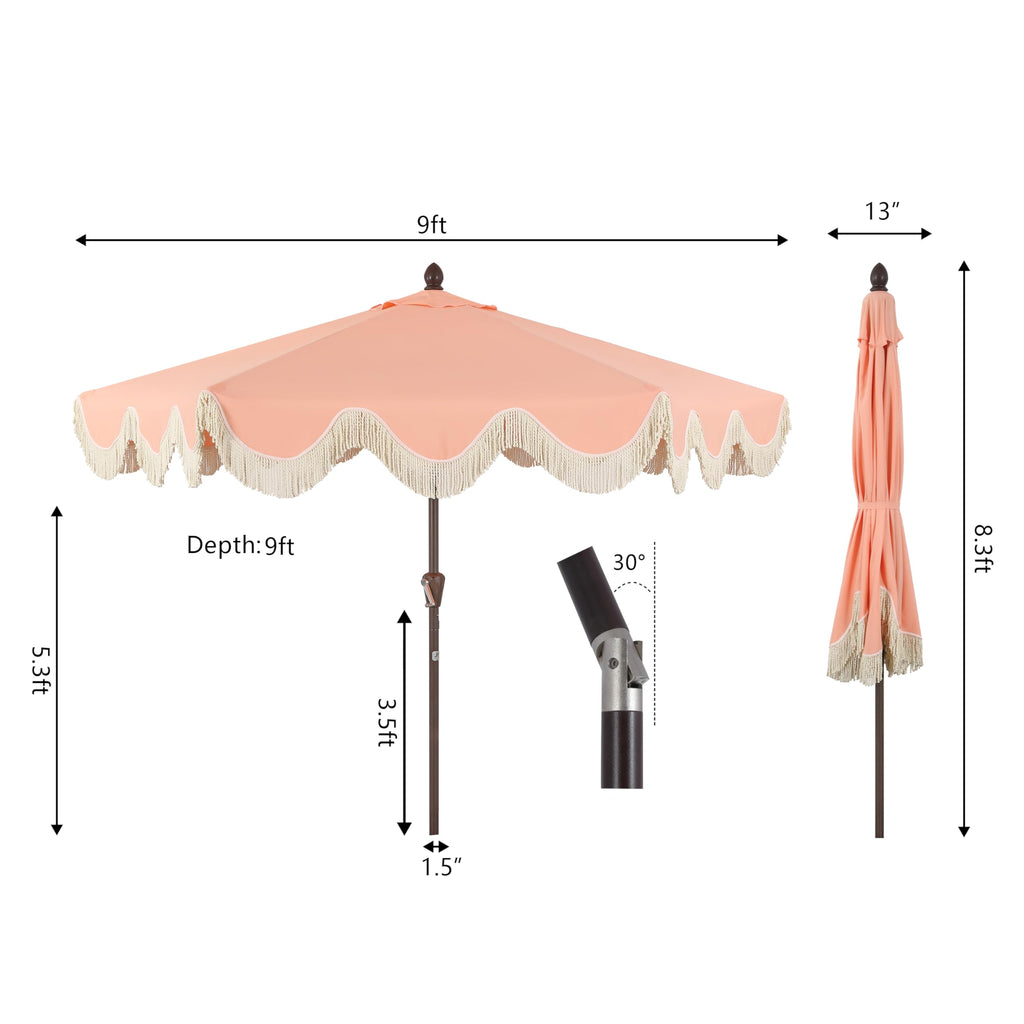 Collins 9' Scalloped Market Patio Umbrella, Coral Pink/Brown