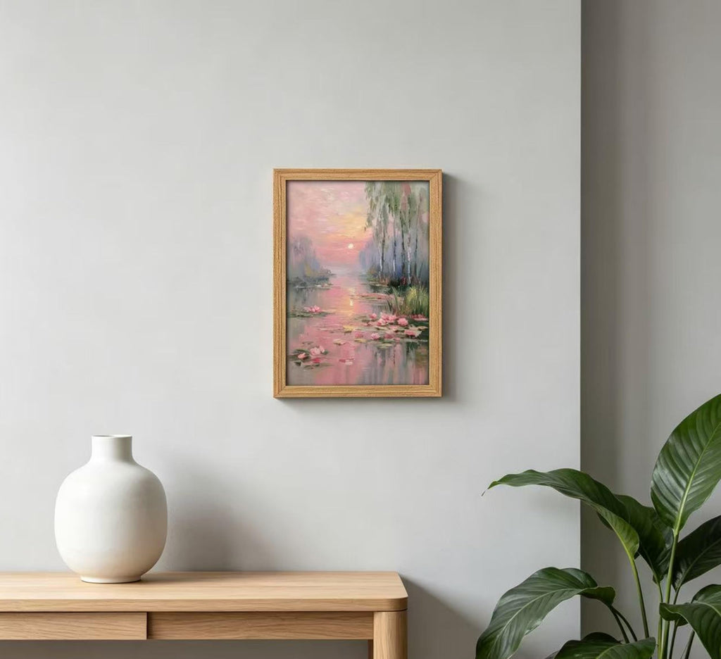 Framed Pink Water Lilies Wall Art, Impressionist Lotus Pond Oil Painting Canvas Prints, Serene Sunset Landscape Wall
